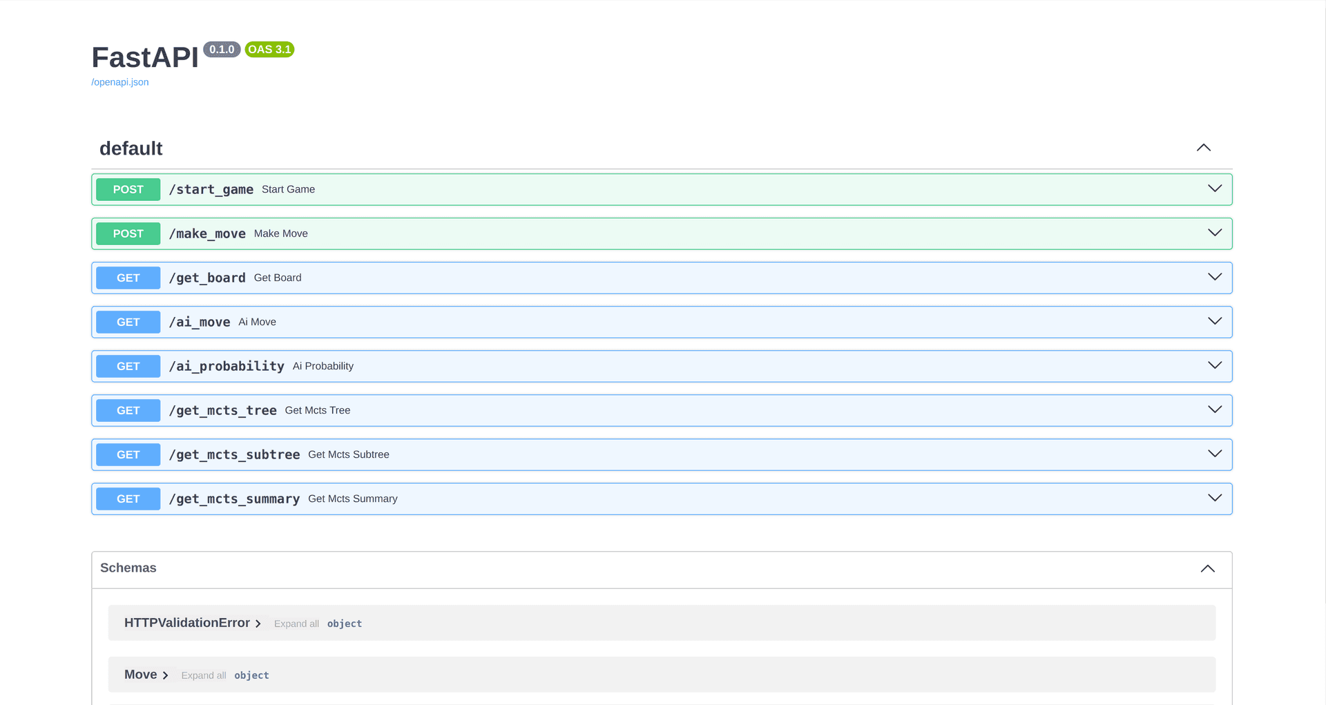 FastAPI Swagger UI for Alpha Zero MCTS Tic Tac Toe